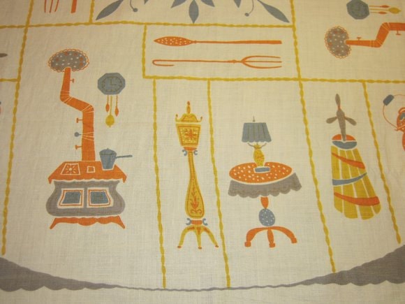 ON SALE Vintage Tablecloth Antique Country Kitchen w Pot Belly Stove