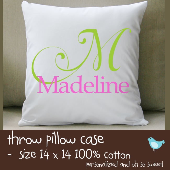 Custom kids name personalized throw pillow with pillowcase made to match bedroom colors