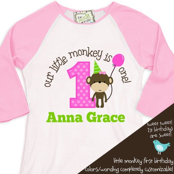 first 1st birthday girl shirt monkey theme party tshirt little monkey 3/4 RAGLAN