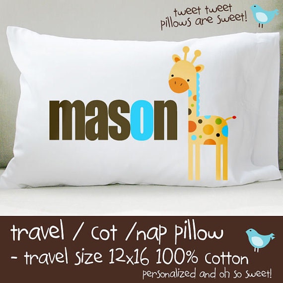 Personalized boy mod giraffe travel or toddler pillow insert and pillowcase