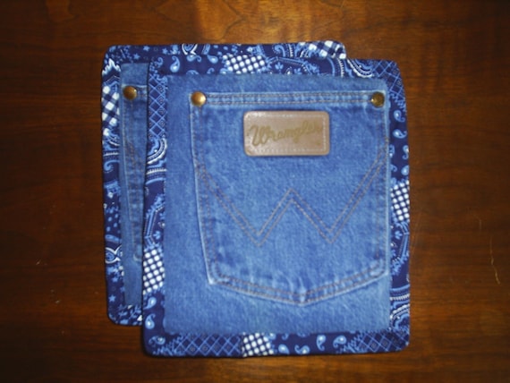 ReCycled UpCycled HandMade Denim Pot Holders Hot Pads set of 2 RePurposed