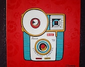 Cameraluv - Starmite on Red - 16 x 16 x 1.5 - Acrylic on Canvas
