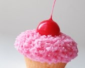 PINK CUPCAKE CANDLE -  Classic Birthday Cake with Pink Frosting n' Shiny Red Cherry - spicy sweet frosting & vanilla scented
