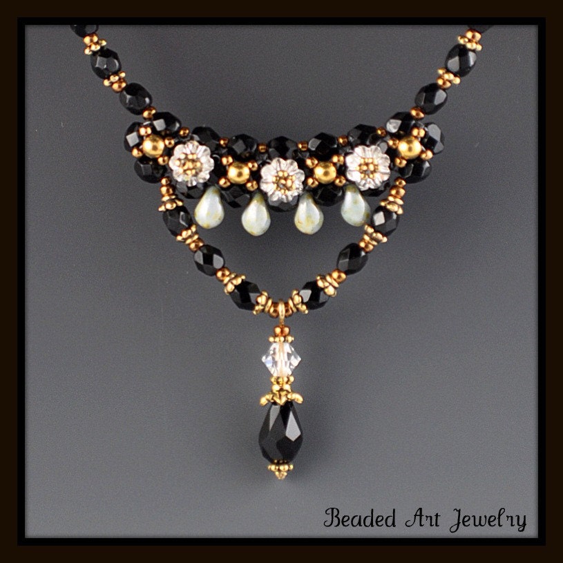 Beadwoven, Beaded, Beadwork, Jet and Crystal Flower Margarita Necklace