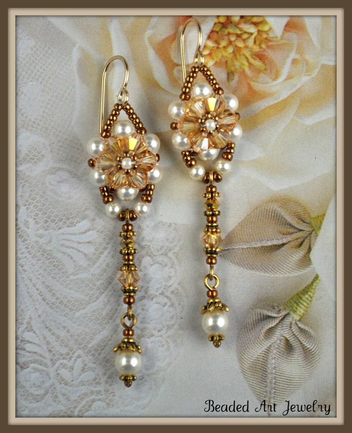 Crystal Brandy and Pearl Beadwoven, Beaded, Beadwork Earrings