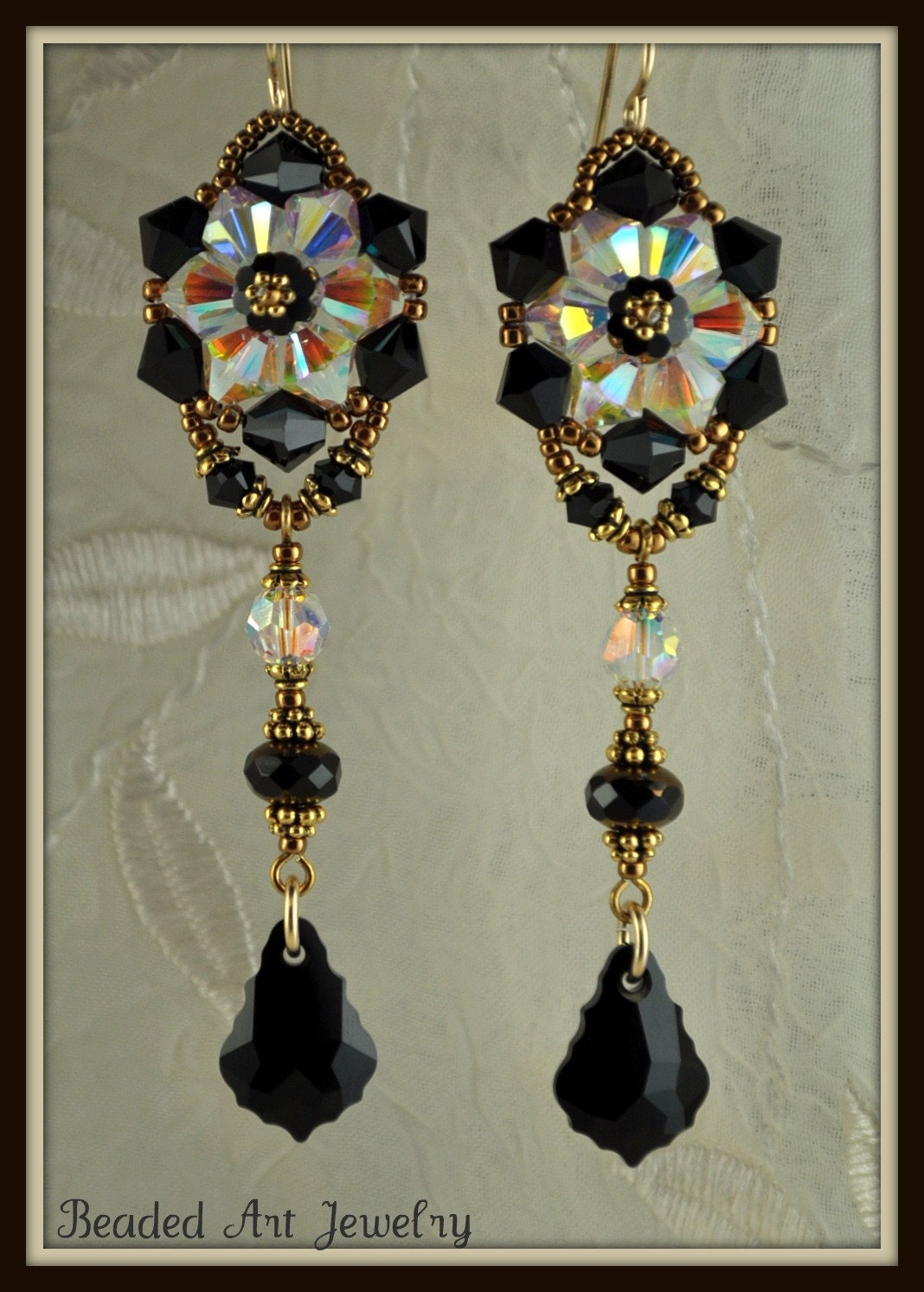 Beadwoven, Beaded, Beadwork Crystal Flower Earrings