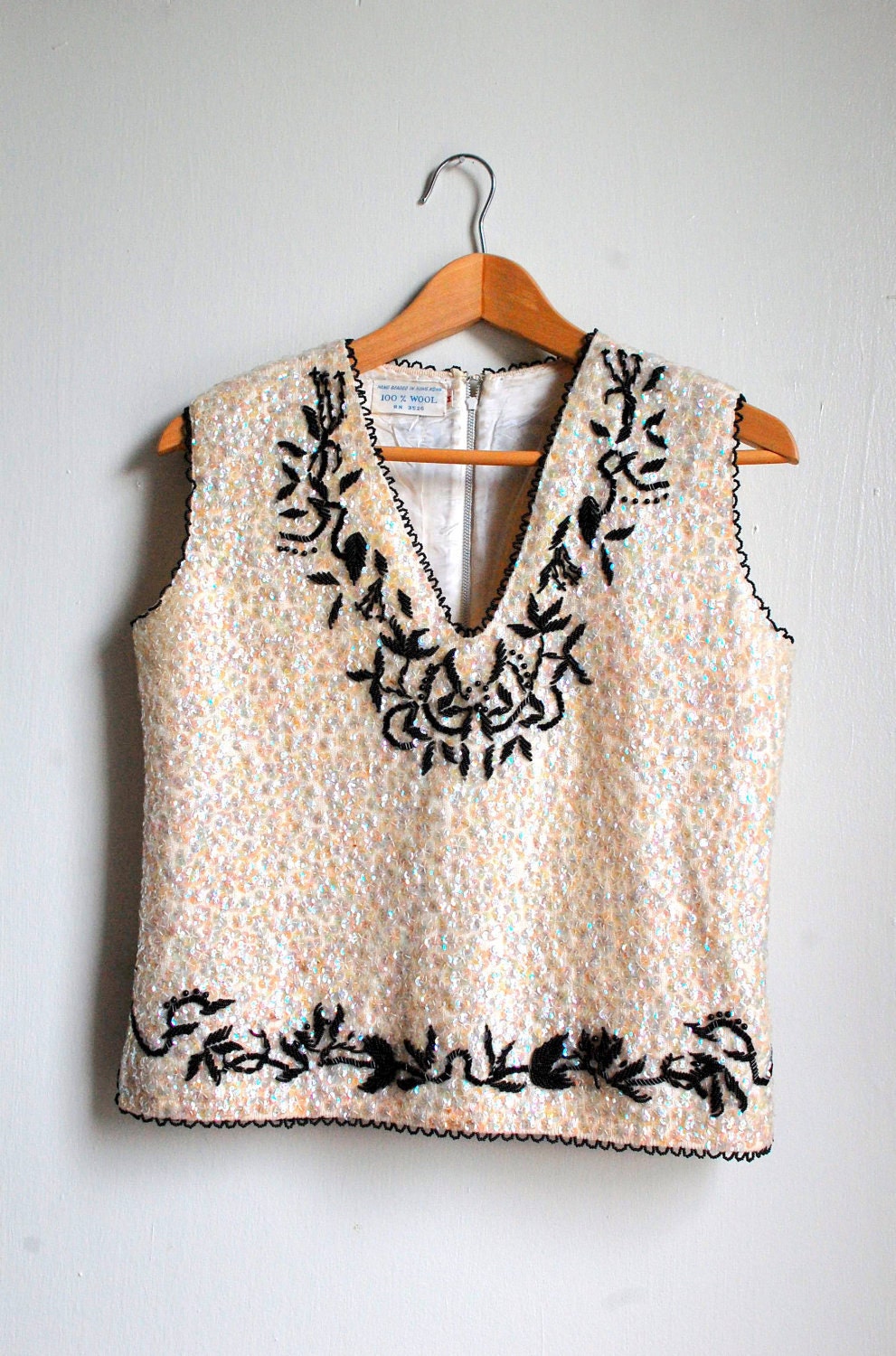 50s BOXY Black and White BEADED Sleeveless Wool Shell TANK Top