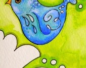 Bird Print,  Giclee  - Fine Art Print, Blue Bird, Lime Green - 8x10 "Scandanavian Bird Lime"