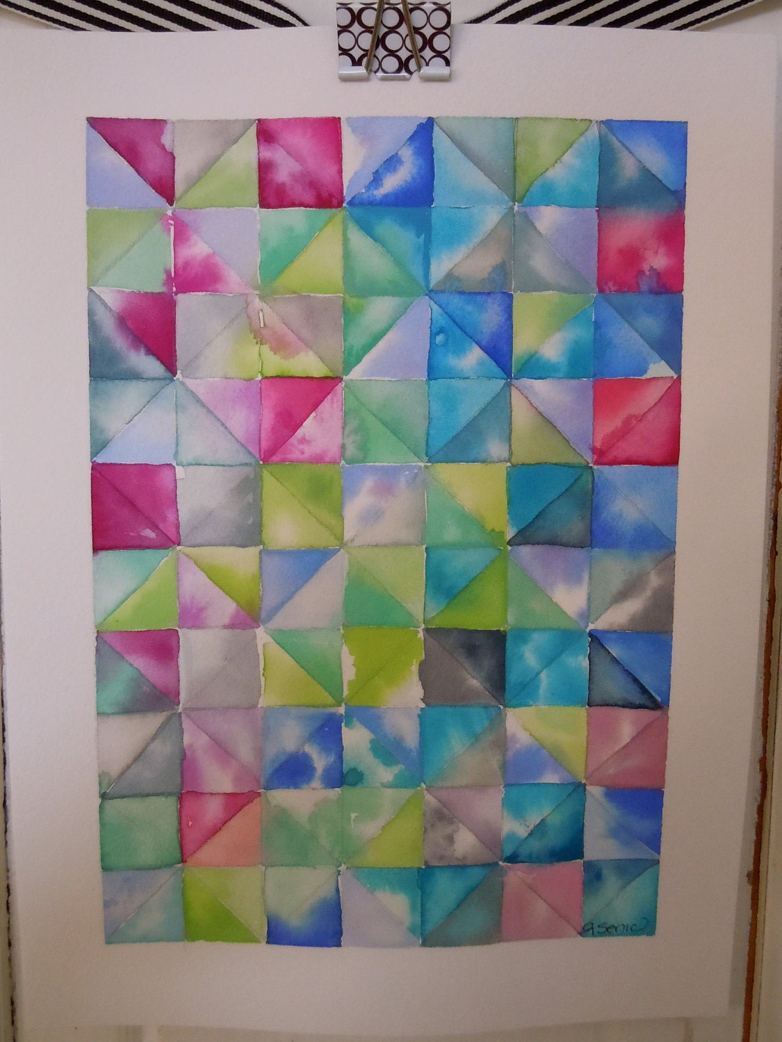 Watercolor Original Painting, Wall Decor,  Abstract Geometric Art Aqua, Blue, Triangles - 81/2 x 12