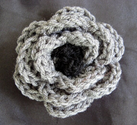 Crocheted Flower Pin - Gray and Black - Large