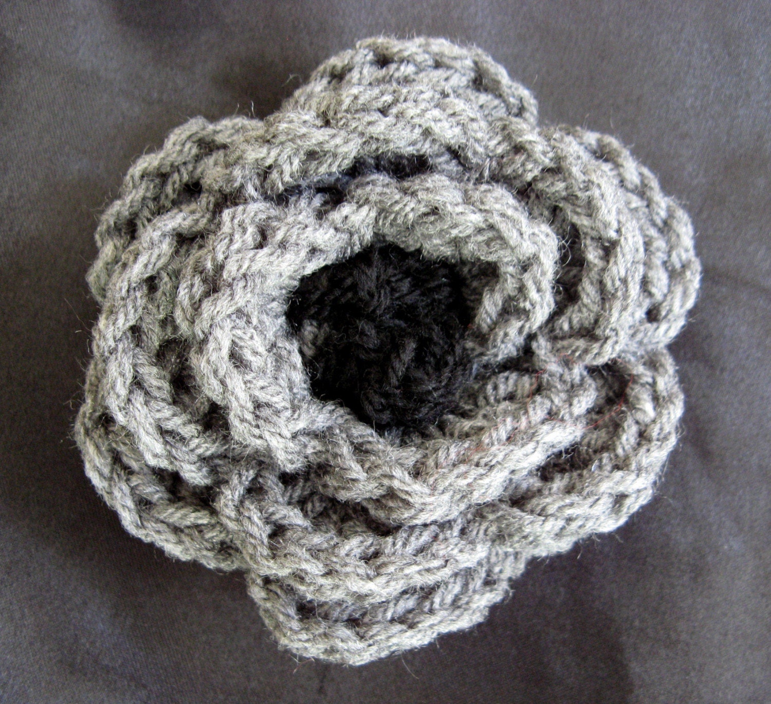 Crocheted Flower Pin - Gray and Black - Large