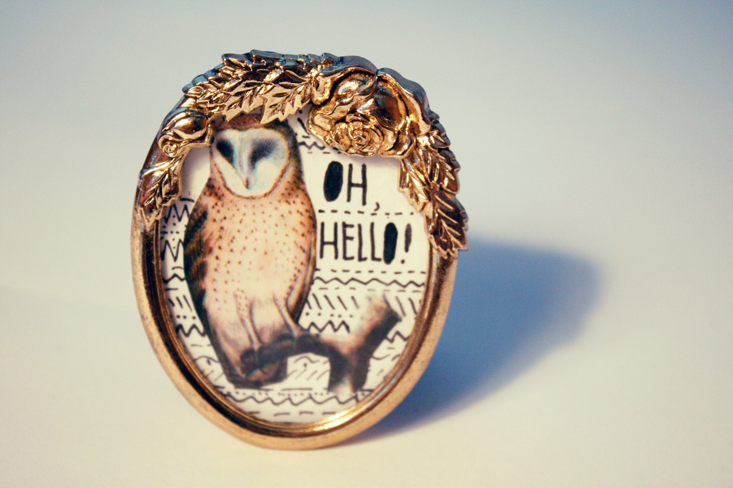original framed modern owl mixed media collage - oval nest