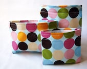 Reusable Snack Bags and Reusable Sandwich Bag - Set of 3 Reusable Lunch Bags - Neopolitan Polk A Dot - Eco Freindly Bag Set