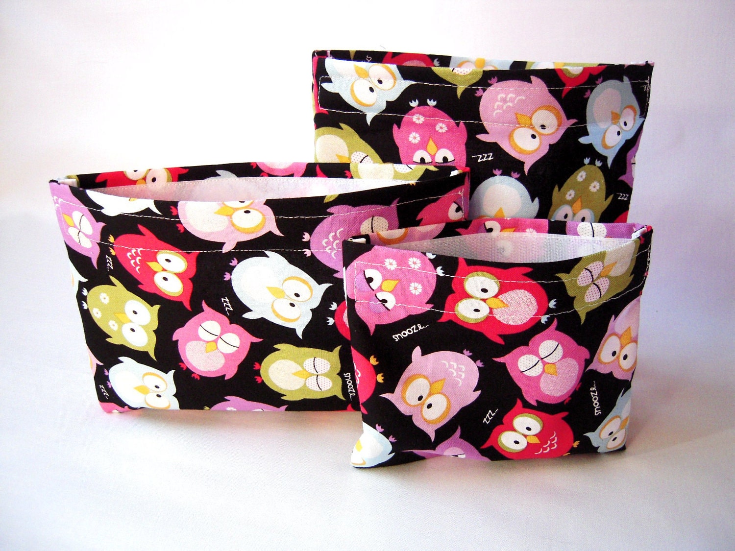 Reusable Snack Bag - Set of 3 Reusable lunch Bags - Night Owls - Eco Friendly