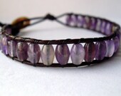 Beaded Leather wrap bracelet -  tiny purple amethyst stone with mother of pearl button clasp