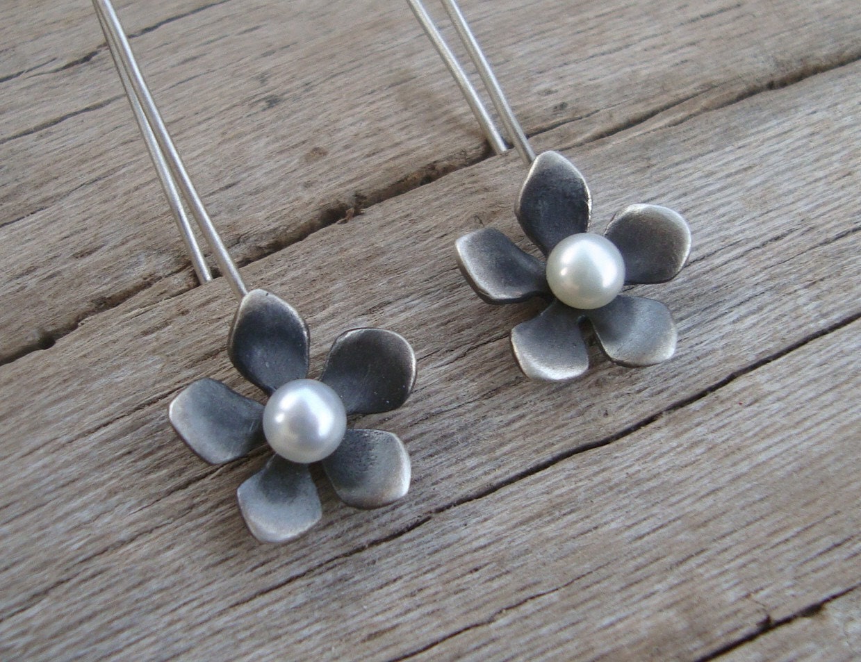 Earrings Sterling Silver Flower Pearl drop oxidized Gift for Her Jewelry  women anniversary present wedding bridal pearl earrings