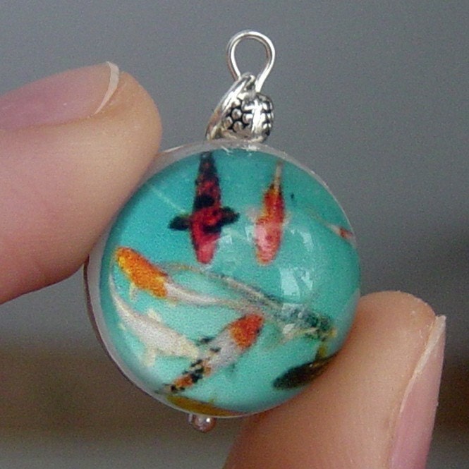 Japanese Koi Fish Lucite and Silver Plated Bubble Charm with Vintage Plastic Back