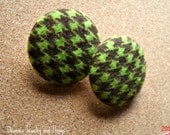 Brown and Green Houndstooth Fabric Button Earrings1.5"