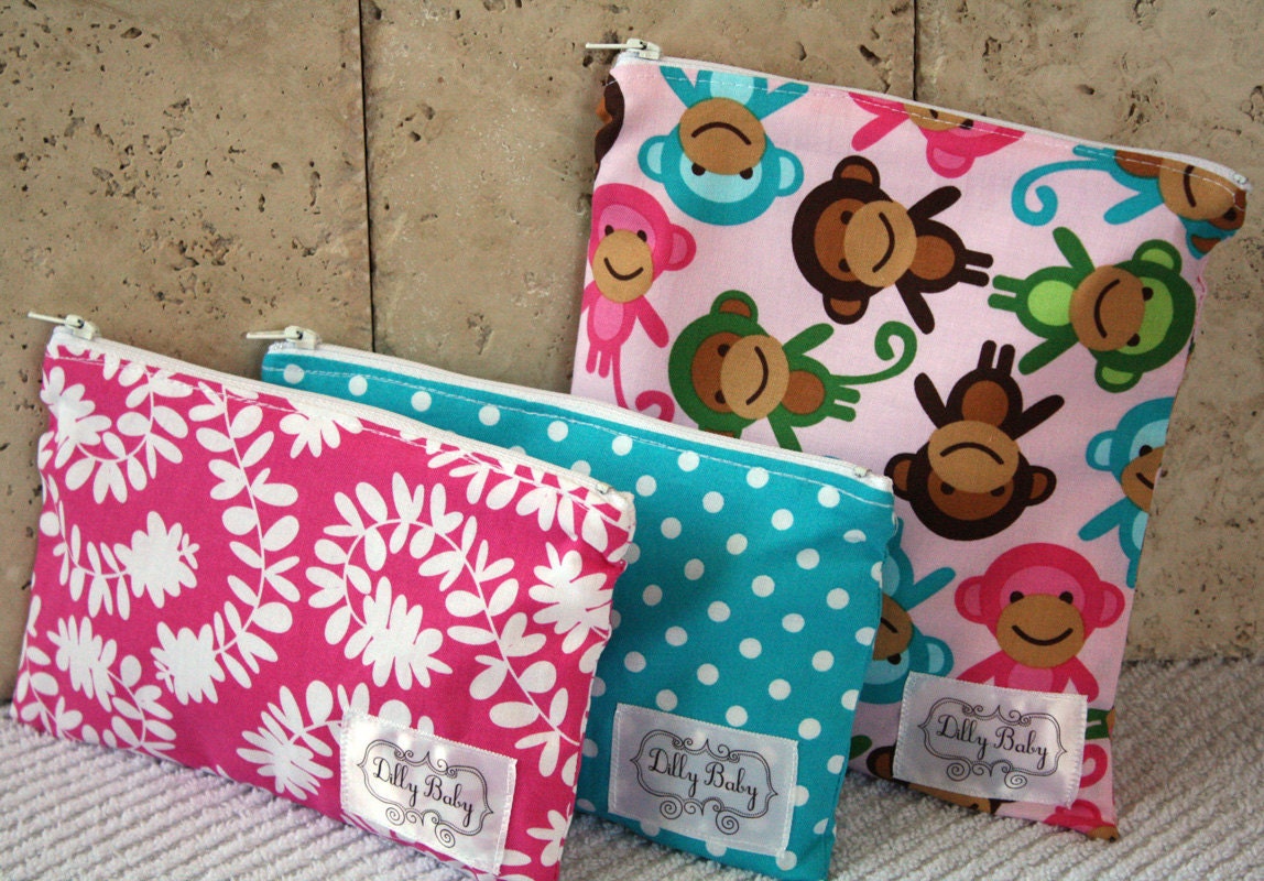 NEW - Eco Friendly - SET of Reusable Snack and Sandwich Bags - Pink Monkey Set -  Zip Closure - ZIPPERED Pouch