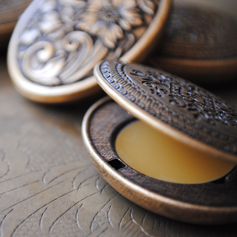 Floral Tapestry Brass Locket with Solid Natural Perfume - Organic fragrance as wearable art - Downton Abbey Edwardian - Great for Travel