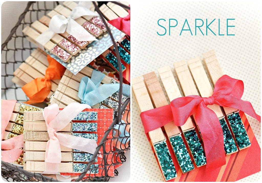 Turquoise Sparkle Glitter Clothespins, Set of 6