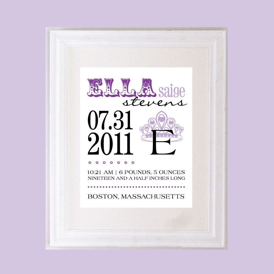 Personalized Birth Announcement Art Print, Style: Princess - 8 x 10