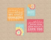 You are My Sunshine Nursery / Kids Room Giclée Art Prints, 4 Print Gallery Set, Custom match colors to your nursery/room