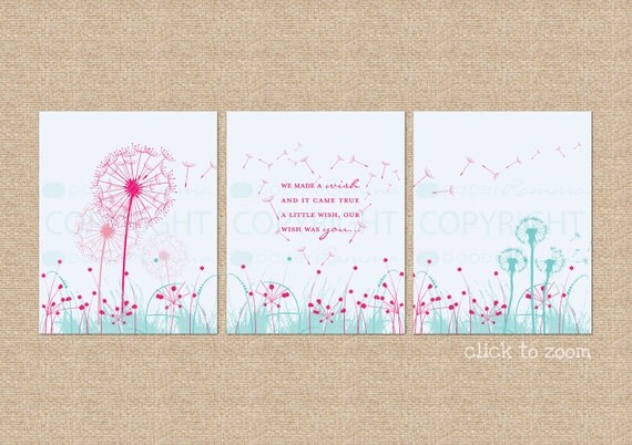 Dandelion Wishes, "We made a wish..." 3 Print Set, Custom match colors to your nursery/room, a PaperRamma Exclusive Quote, 8x10