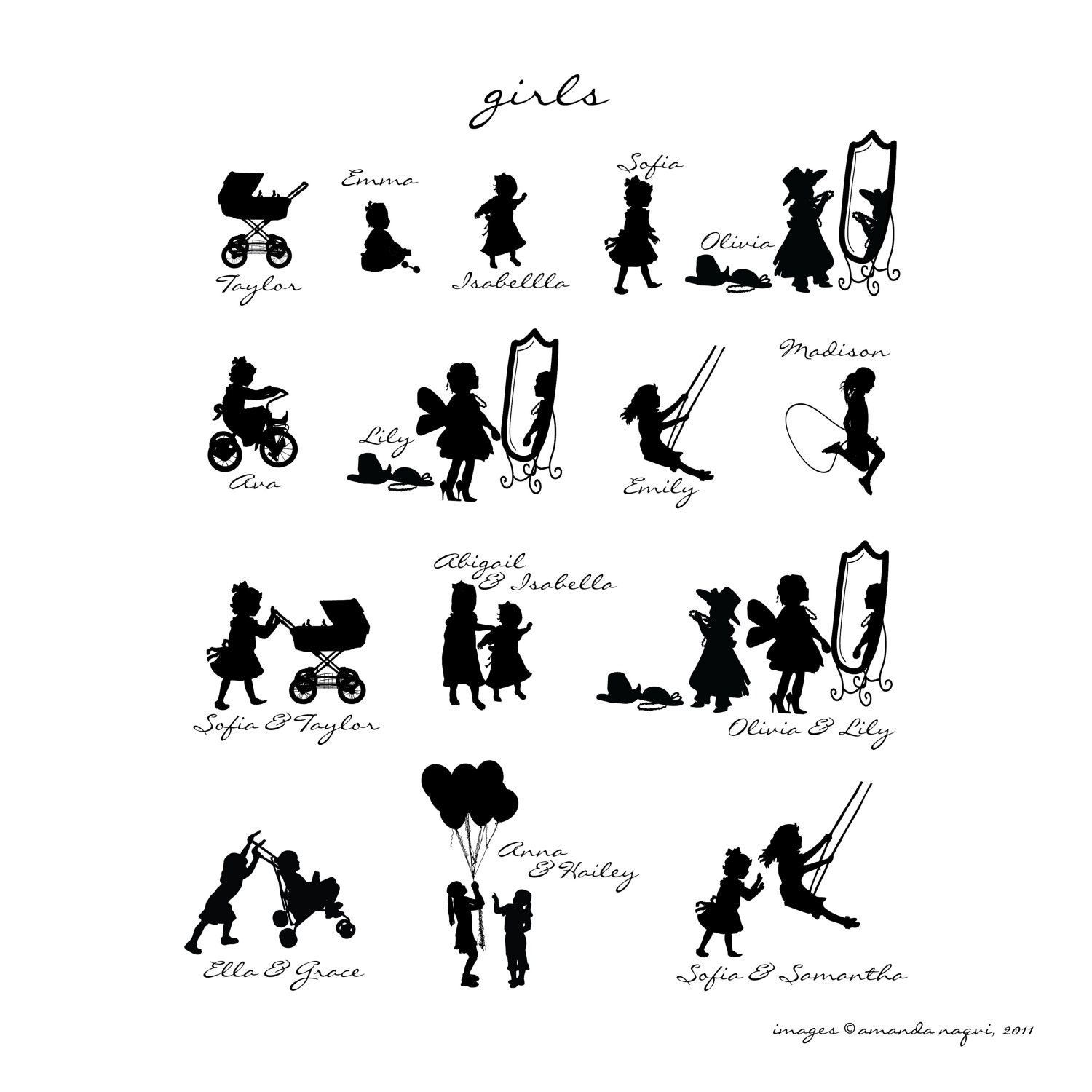 Silhouette Custom Art Print, Choose your own silhouette and color, Style: My Name - 8 x 10