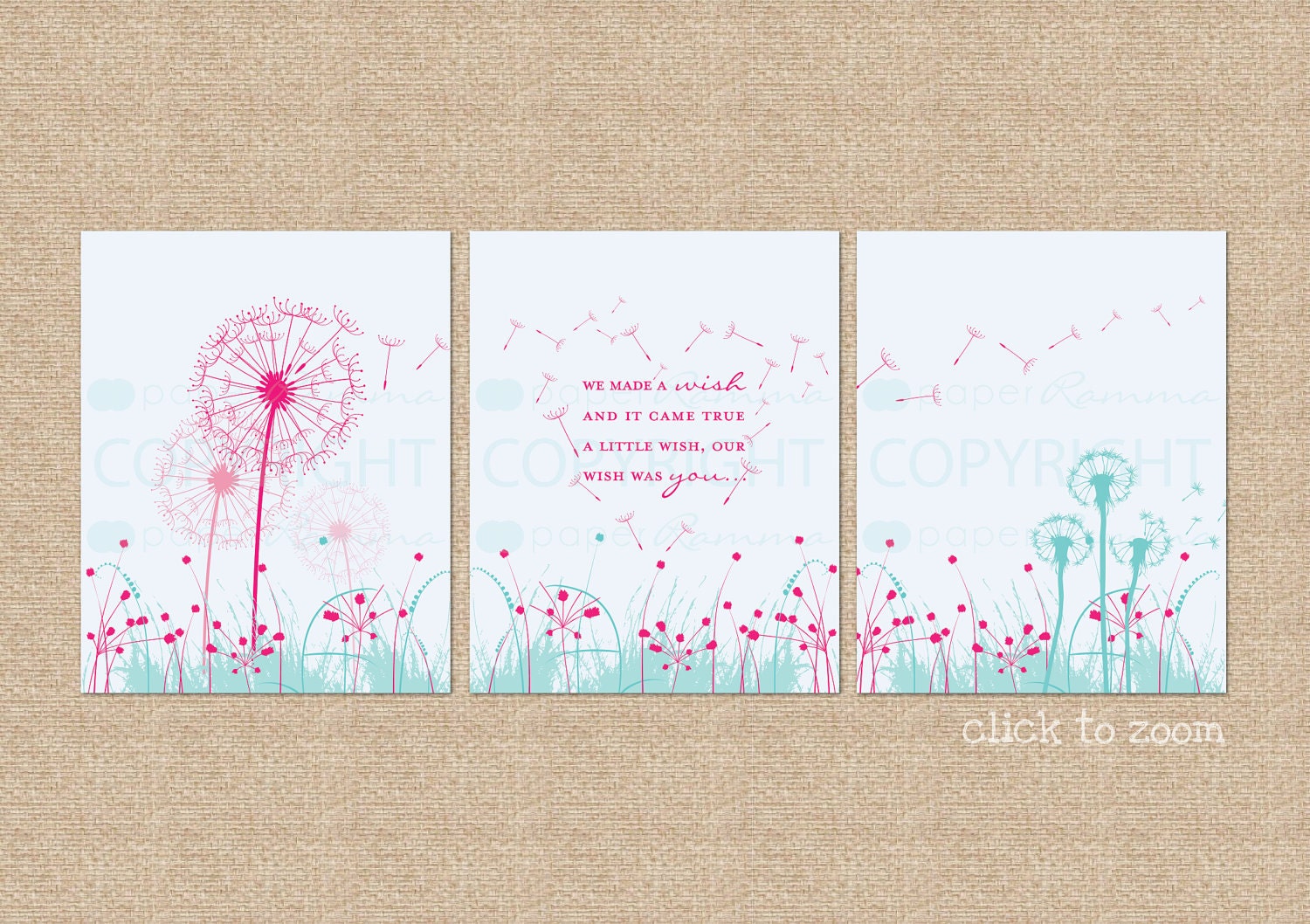 Dandelion Wishes, "We made a wish..." 3 Print Set, Custom match colors to your nursery/room, a PaperRamma Exclusive Quote, 8x10