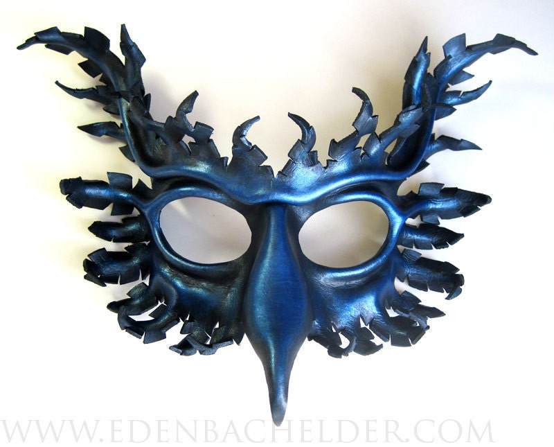 Griffin leather mask, hand-painted in midnight and metallic royal blue, gryphon