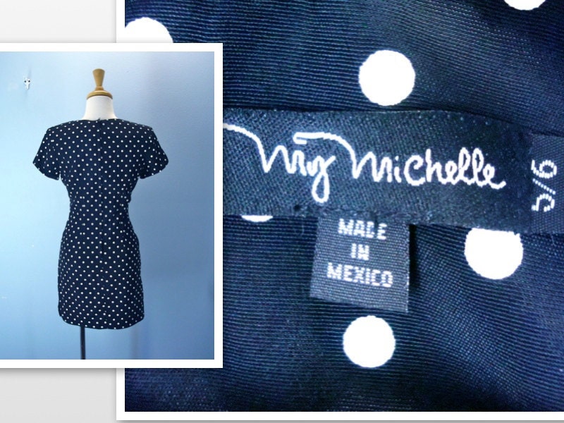 Black Polka Dot Dress / 1980s Fitted Dotted Mini Dress / small