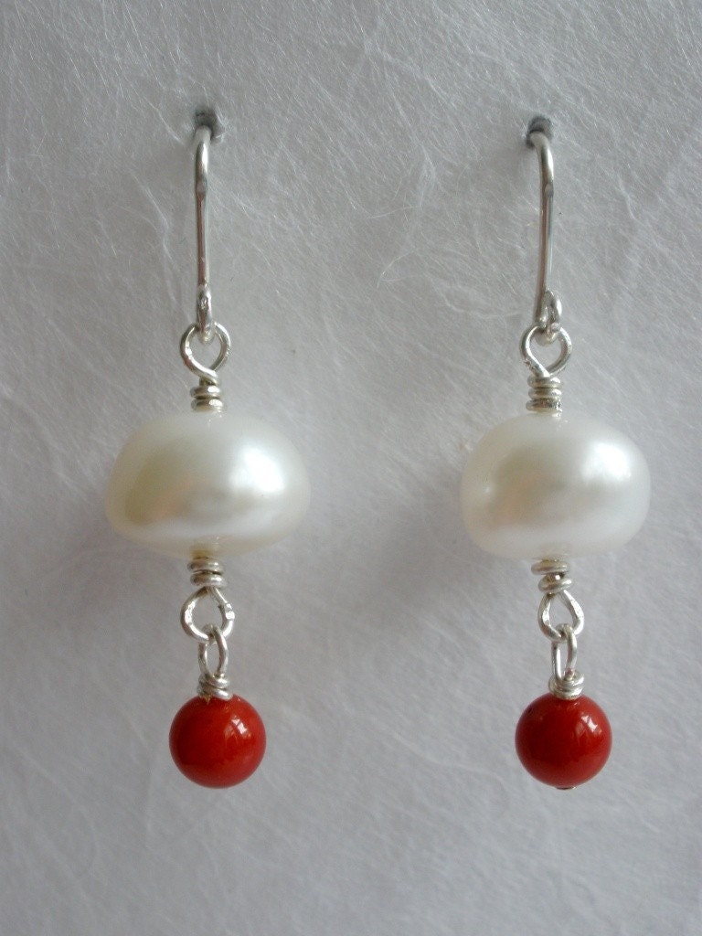 Pearl with Red Coral Jellyfish Drop Earrings