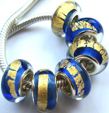 Blue gold foil glass bead fits European bracelets earrings necklaces glass silver core large hole lampwork bead charm