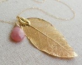 Pink opal & Laurel Leaf Necklace, Long Gold Laurel leaf necklace, October Birthstone, real leaf necklace