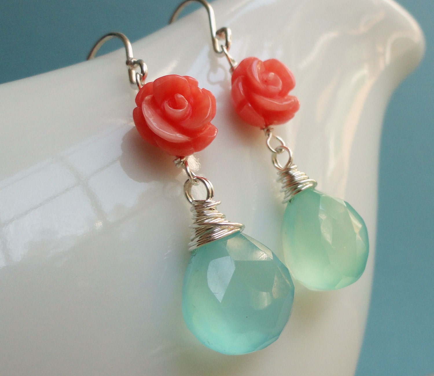 Coral & aqua Earrings, Coral and turquoise chalcedony, Tiffany blue jewelry, sterling silver, bridal jewelry, salmon, tangerine