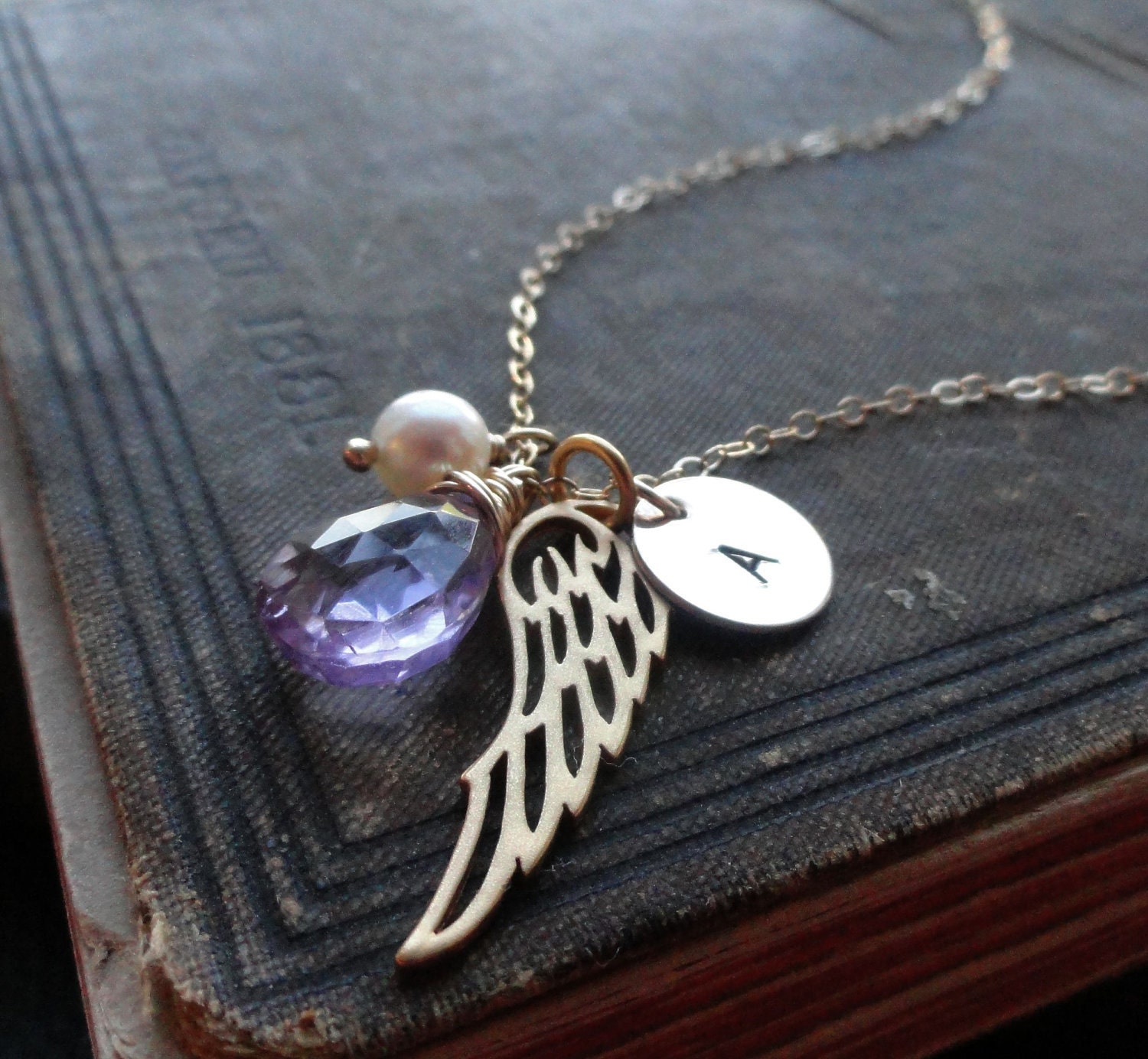 gold angel wing birthstone & initial necklace, pink amethyst, wing necklace, birthstone necklace, personalized necklace