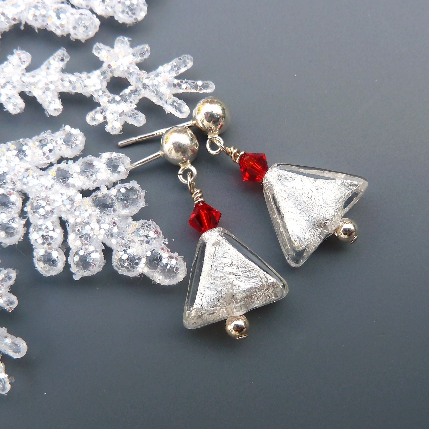 White Venetian Glass and Sterling Silver Snowflake Earrings