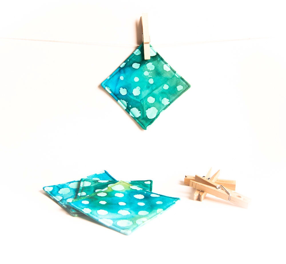 Wedding Favor Fabric Coasters  Blue Turquoise Circles Dots ,Cup Mat Mug Rug  by Chapulin ( set of 4 )