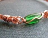 Braided Copper Wire and Green Glass Bangle Bracelet