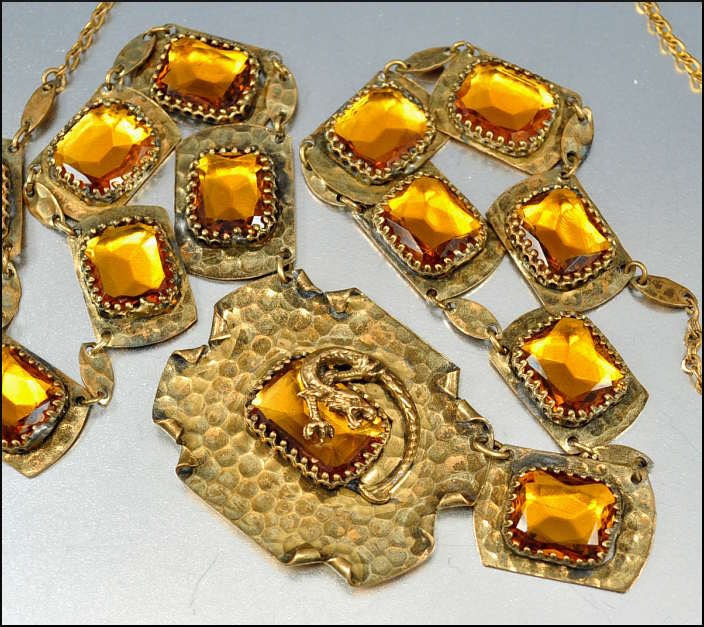 Art Deco Necklace Dragon Amber Glass Hammered Brass Gold Vintage 1920s Jewelry