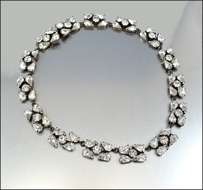 Deco Rhinestone Necklace Geometric Crystal Vintage 1940s Costume Bridal Wedding Jewelry