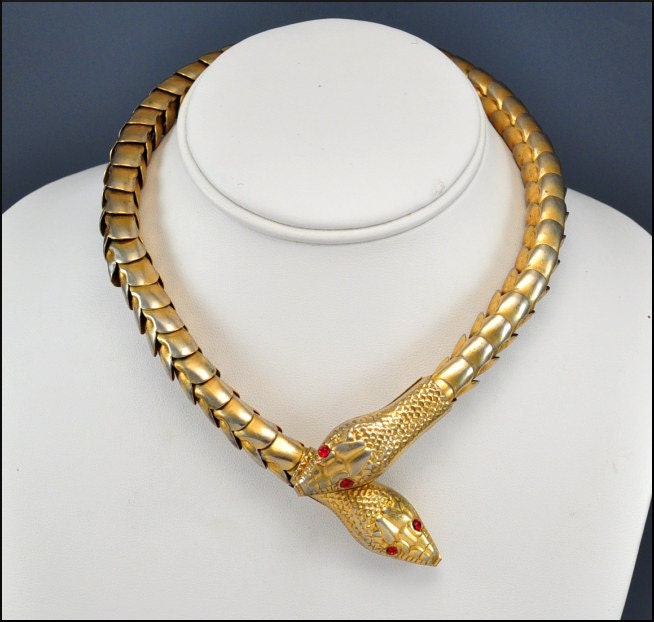RESERVED Art Deco Necklace Snake Gold Red Rhinestone Articulated Vintage 1930s Jewelry Goth