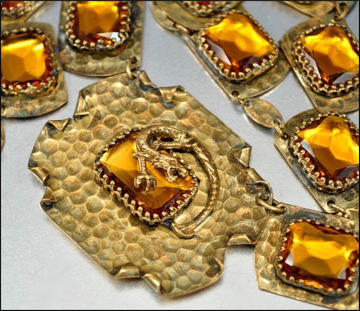 Art Deco Necklace Dragon Amber Glass Hammered Brass Gold Vintage 1920s Jewelry