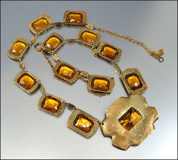 Art Deco Necklace Dragon Amber Glass Hammered Brass Gold Vintage 1920s Jewelry
