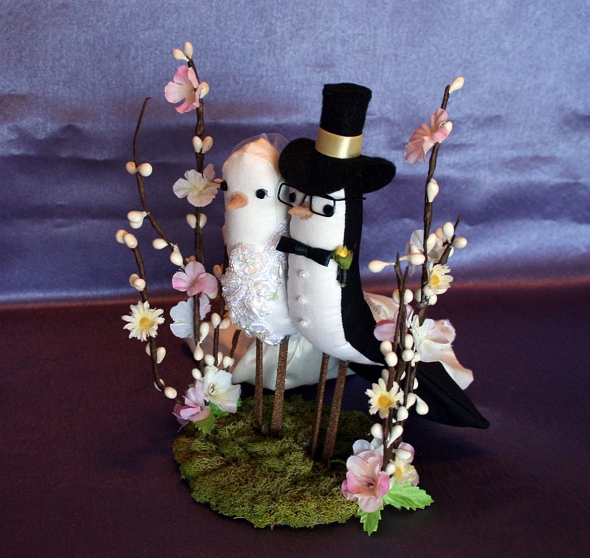 Vintage Style Bird Cake Topper - Fabric Birds on flat moss and trellis style stand - Wedding Cake Topper