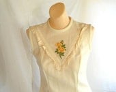 Vintage Dress Pale Yellow A Line Floral Mini Dress Flirty Dress Sleeveless Dress Shift Dress