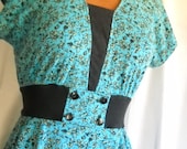 Vintage Dress 1980s Wiggle Dress Peplum Flounce Dress Aqua Teal New Wave