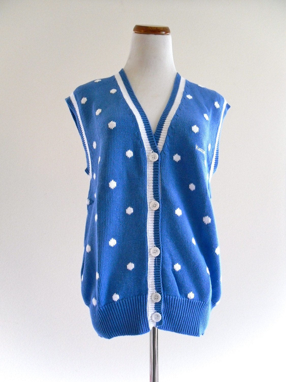 80s LaMoDe Blue PoLkaDot SweaTer VeSt Top Shirt Blouse . SM . medium . ML . D074 .