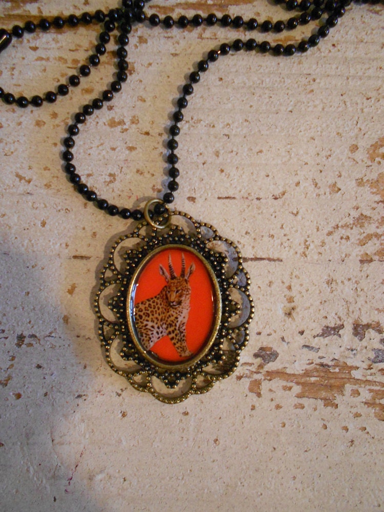 Leopard Pendant  ,Steampunk, Antiqued brass vintage style necklace,